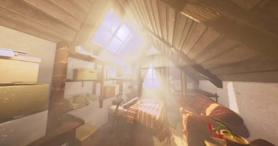The virtual world — an attic bedroom in warm sunlight, seen in the game