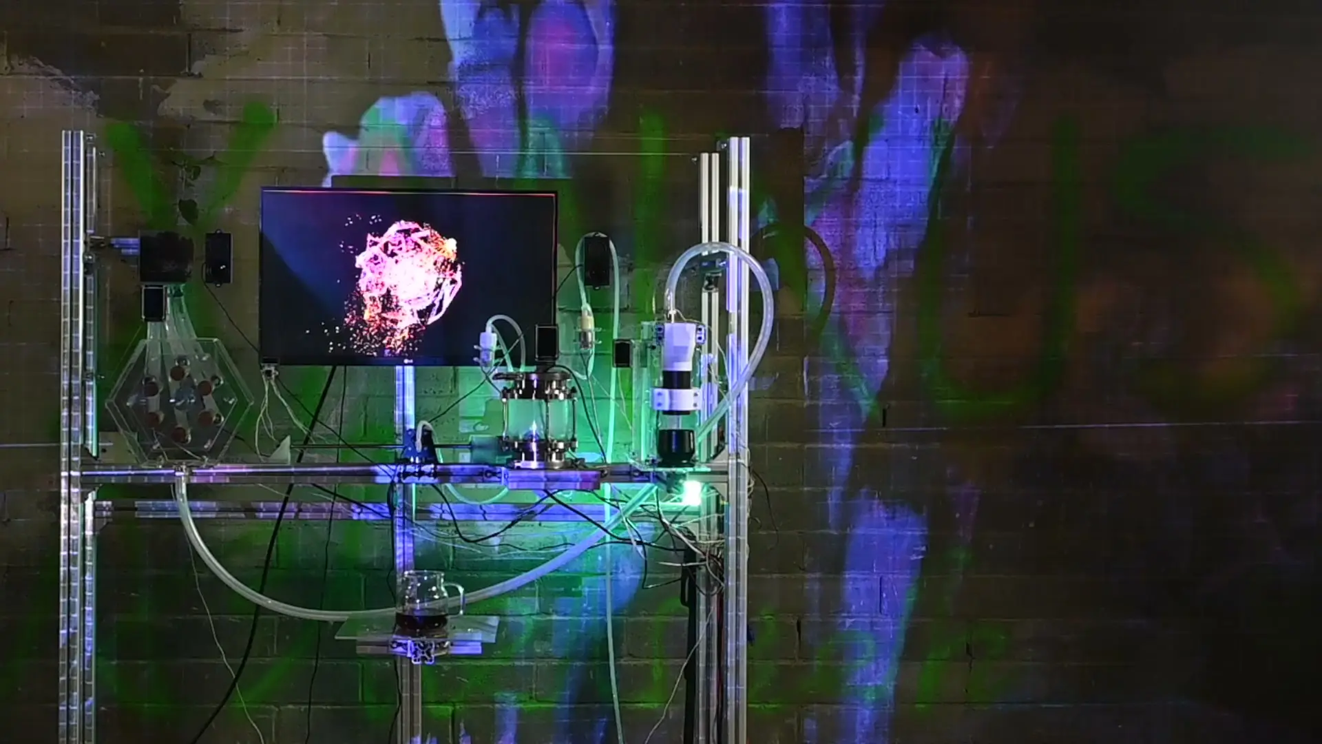 The machine in full — roulette, screen, brew line and carafe under floral projection