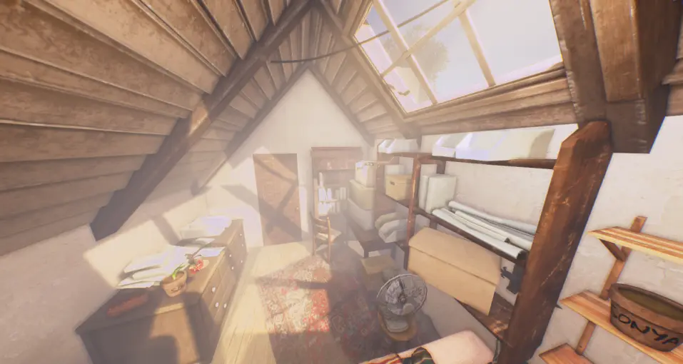 The attic in the game seen from above — desk, shelves, chair and skylight