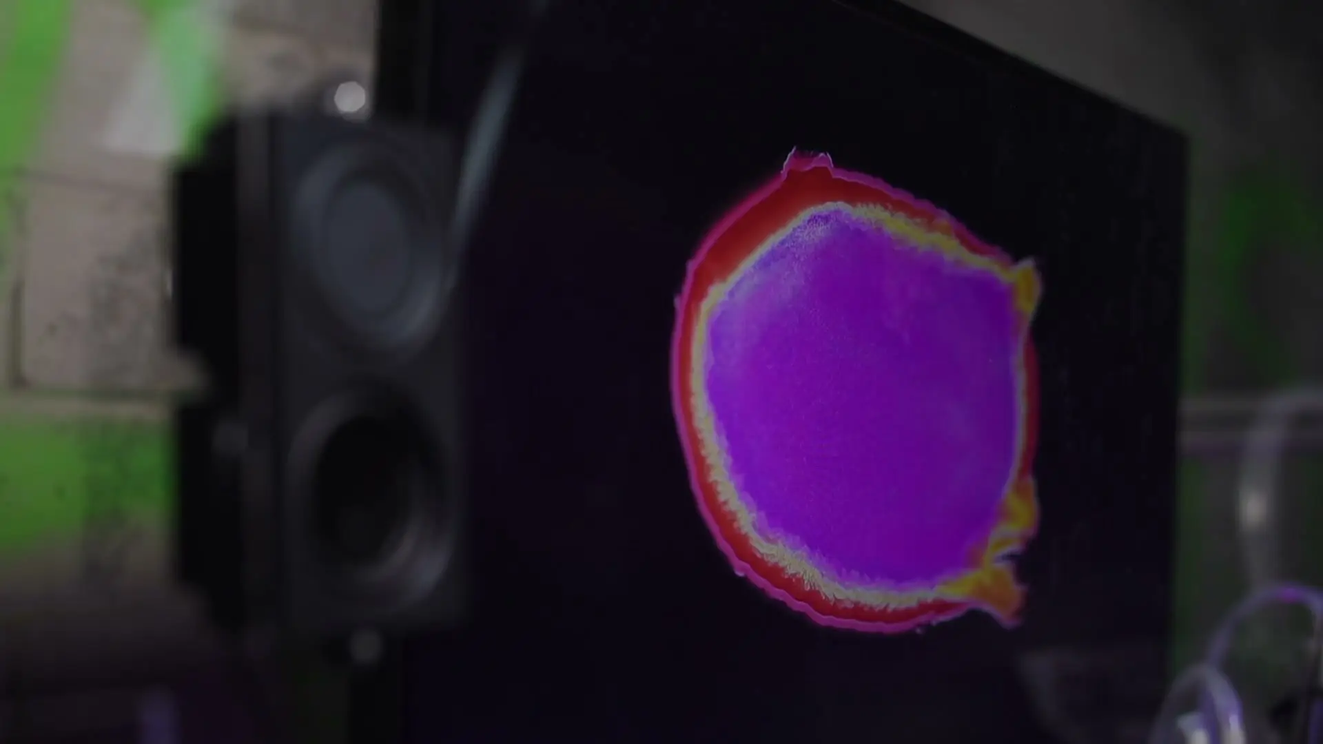 The chosen bean rendered in particles on screen, a speaker beside it