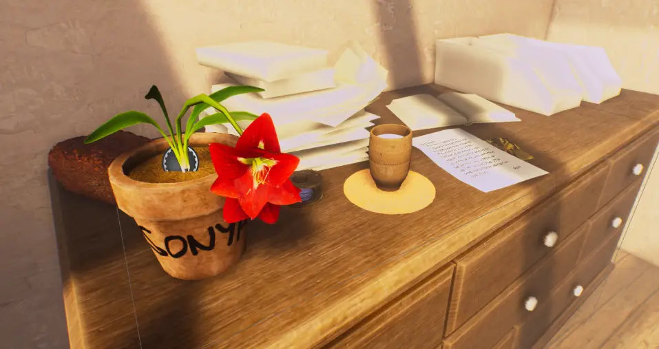 Clue detail in the game — a potted red flower marked 'Sonya', a cup and a handwritten letter
