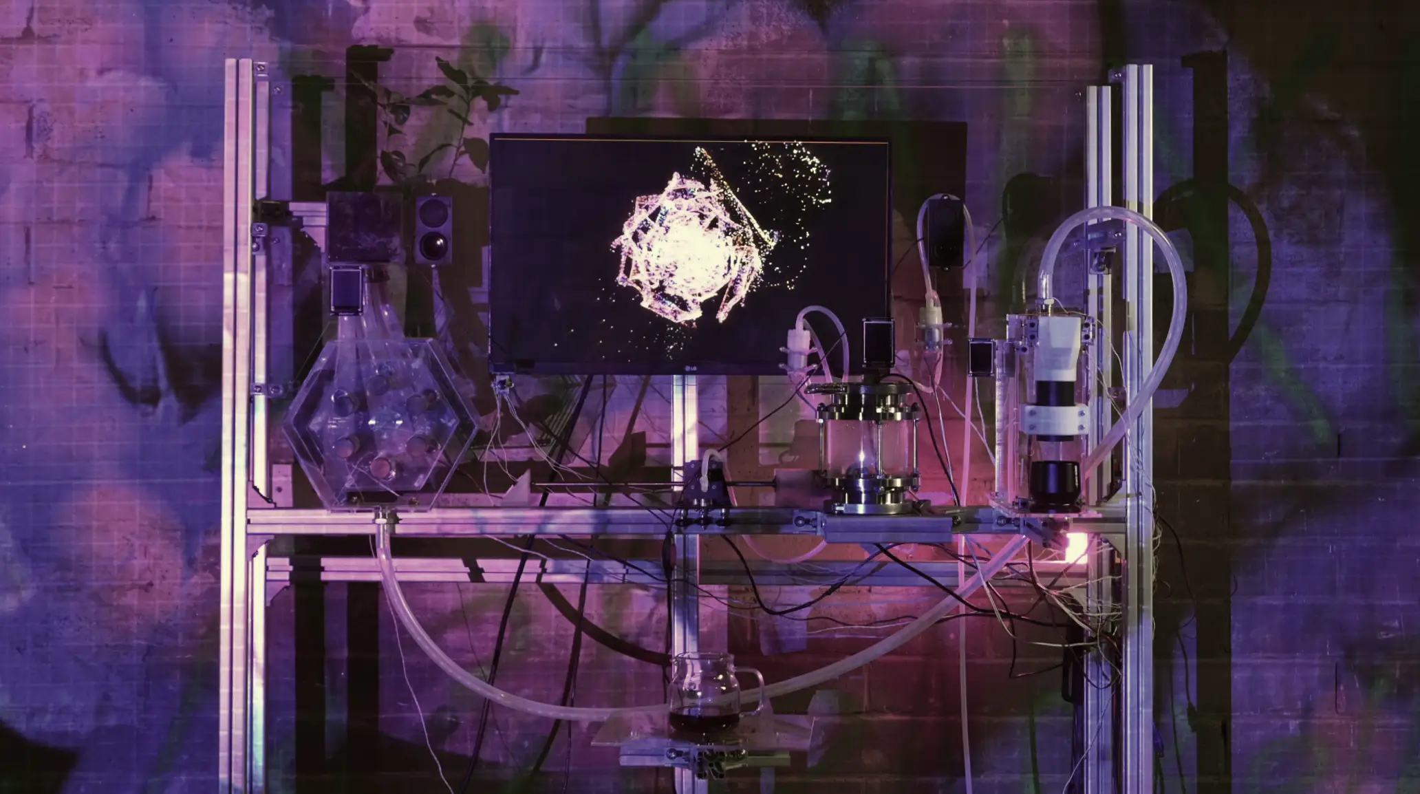 Coffee Sen-chine — a sensory coffee machine on an open aluminium frame, its screen and glass brew chamber washed in projected light