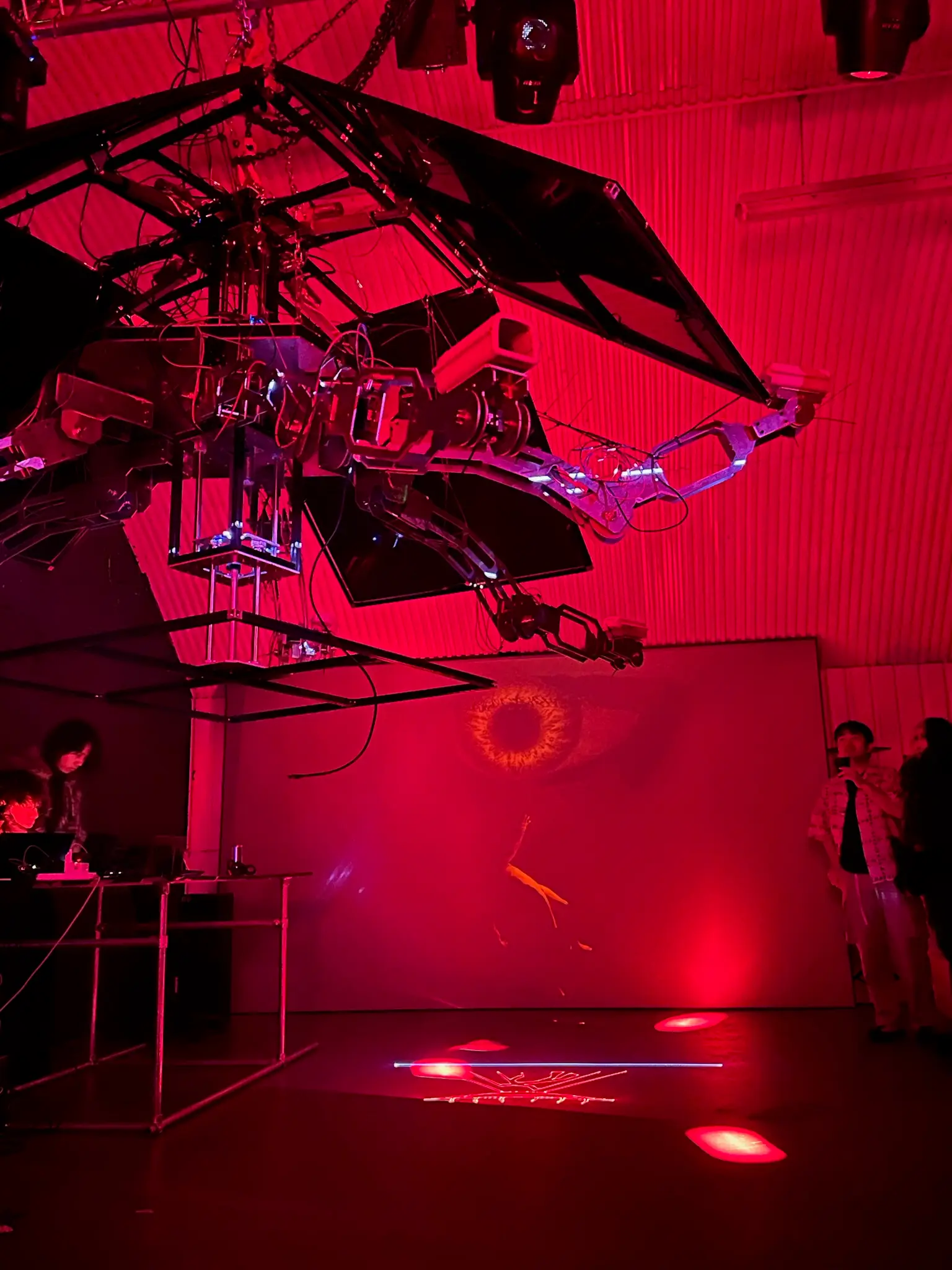 Blackbox robotic armatures suspended over the floor, eye projection behind